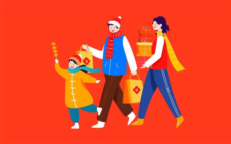 回家过年一家人春节拜年插画中国风新年海报