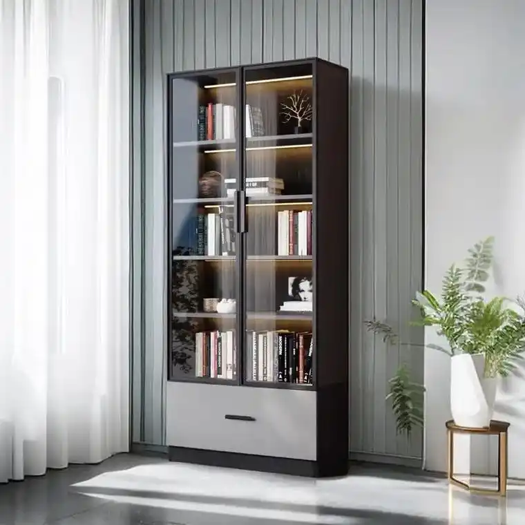 意式极简书柜组合 带防爆玻璃门落地书架柜.柜门采用3c防爆钢 - 抖音