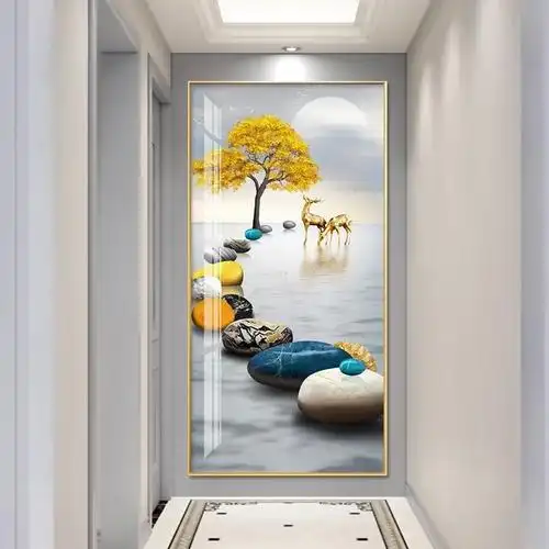 新中式入户门过道墙挂画轻奢现代简约玄关装饰画立体走廊正对定做