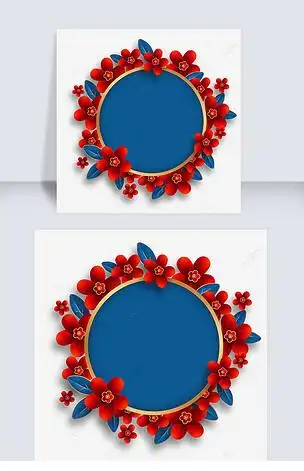 蓝色春节鲜花圆形边框