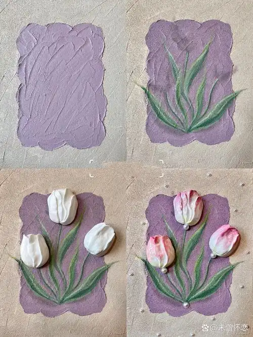 丙烯肌理画【郁金香93合集】石英砂手绘附教程 郁金香93丙烯石英