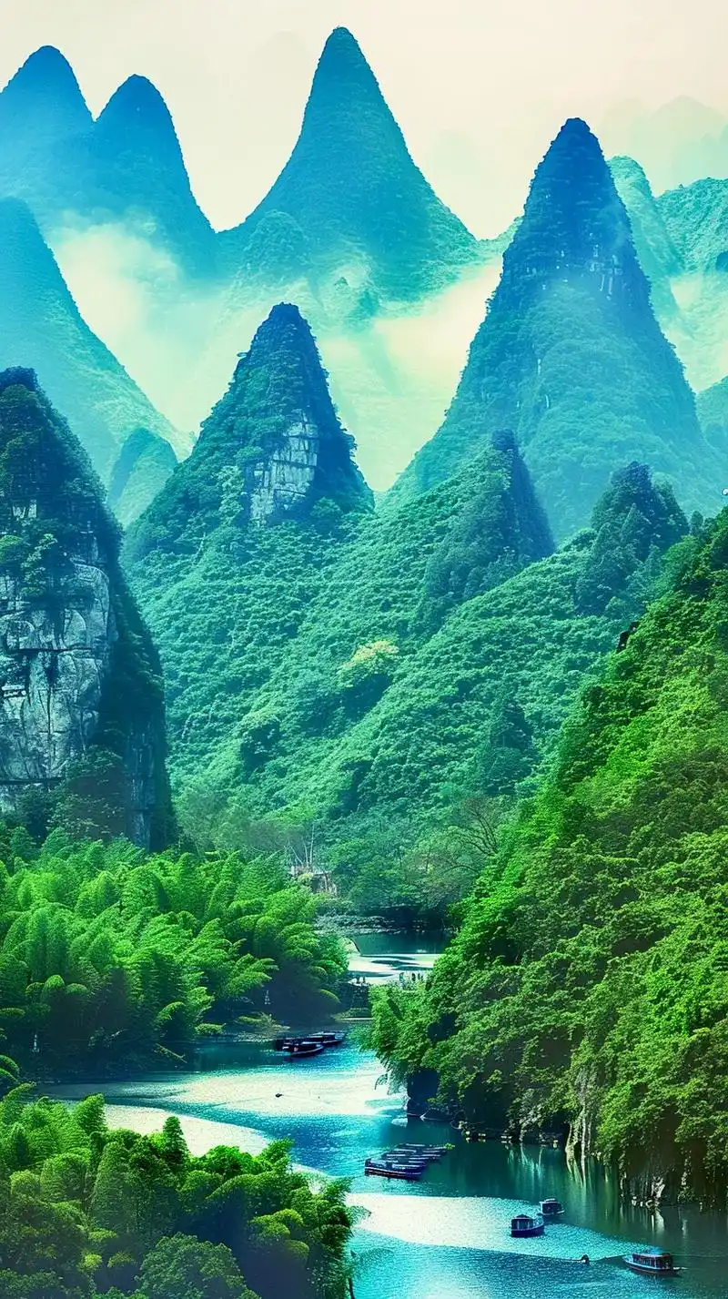 山峰耸立,村落错落有致,稻田连绵