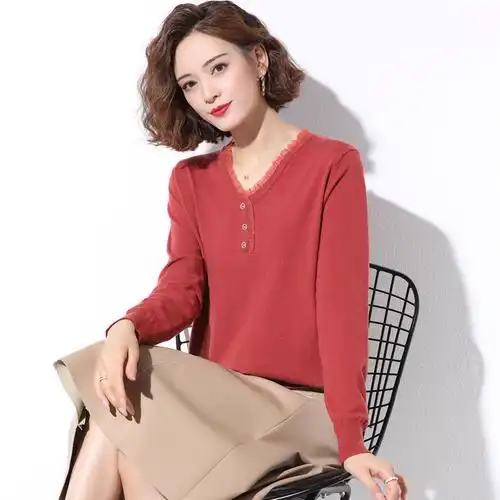 妈妈装v领上衣年轻宽松中年针织小衫女打底时尚高贵洋气40岁5春秋