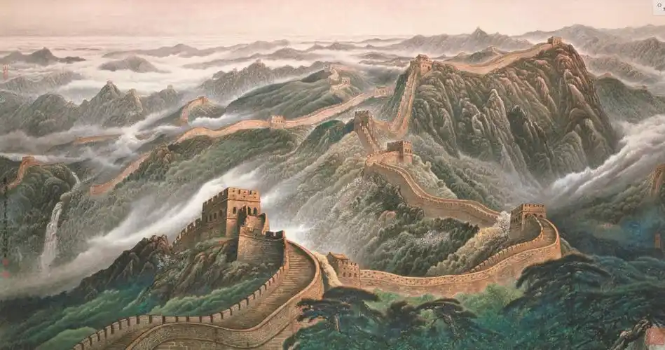 人民大会堂巨幅国画许仁龙的万里长城,那里可以找到他的高清大图,谢谢