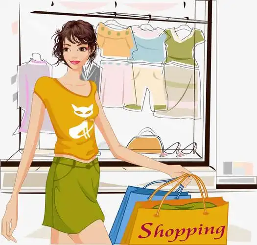 黄色短衣少女买衣服矢量插画