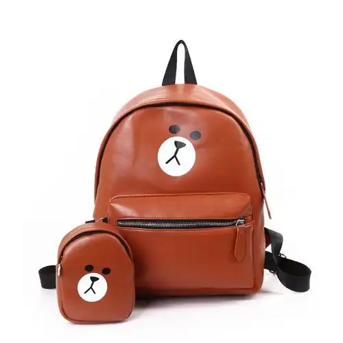 韩国可爱布朗熊包pu皮质双肩包少女小背包童趣学生书包休闲旅行包-水