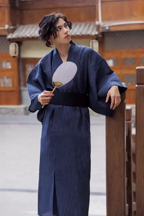 日本传统和服男士浴衣长袍睡衣桑拿服cos写服装棉麻透气黑蓝丝蓝和服