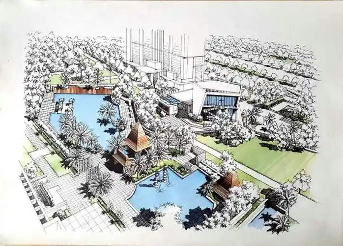 景观鸟瞰图手绘淡彩