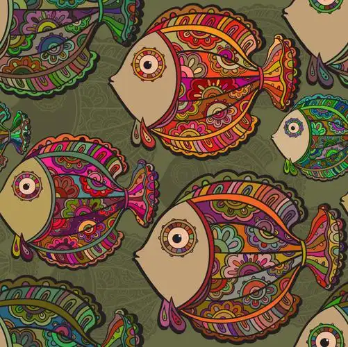 具有大量鱼类的矢量无缝图案