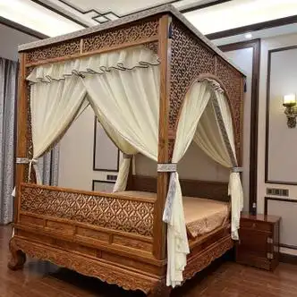 dzq中式床幔 明清古典月洞拔步架子床柔顺棉麻肤纱刺绣祥云装饰床幔