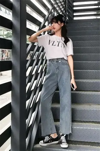 高腰阔腿牛仔裤女