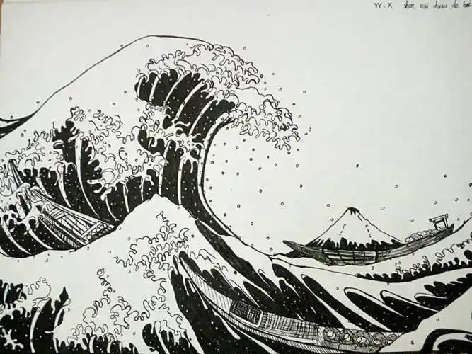 神奈川的海浪,黑白插画,.