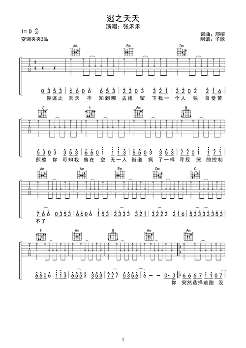 张禾禾《逃之夭夭》吉他谱-c调