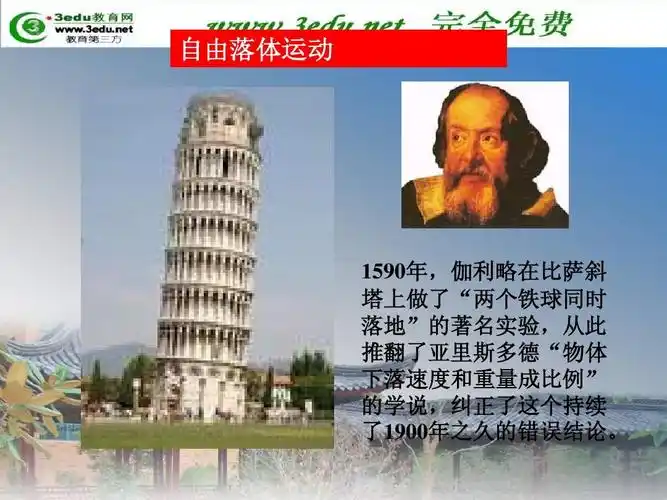 高一物理自由落体运动1 自由落体运动 1590年,伽利略在比萨斜 年 塔上