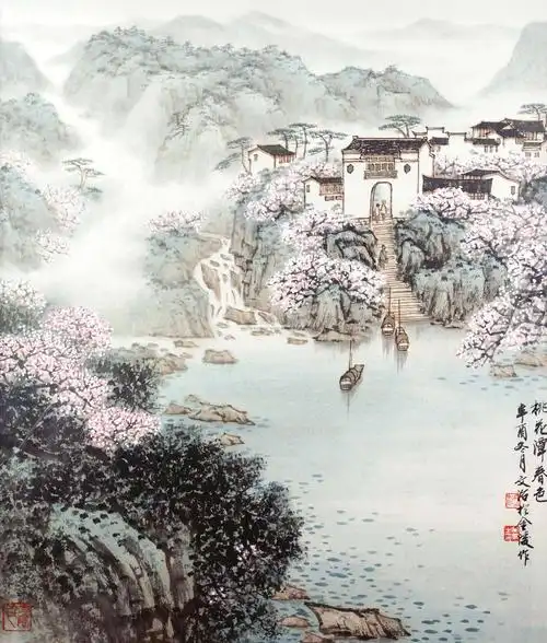 0073桃花潭春色镜框纸本