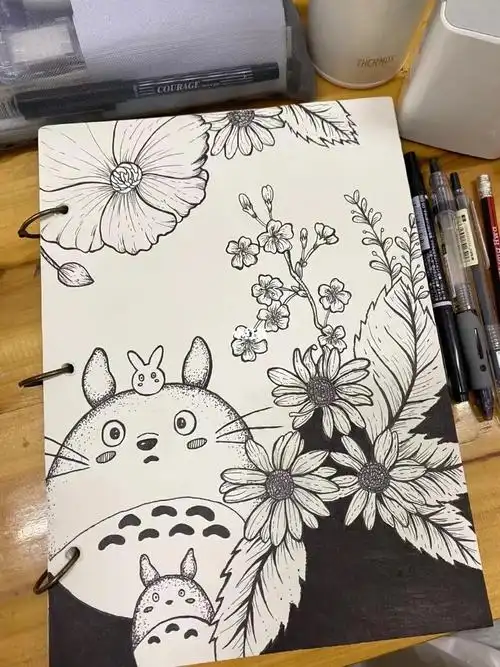 临摹画黑白线条龙猫