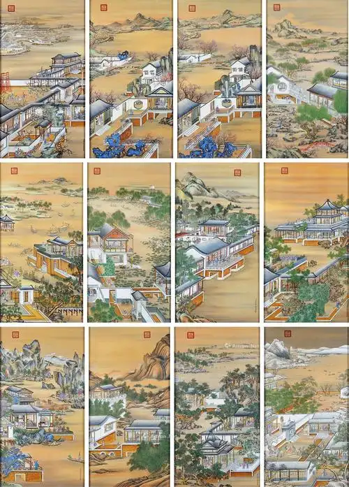 2053清雍正十二月令圆明园行乐图瓷板挂屏