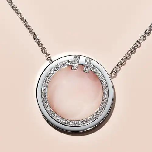 蒂芙尼t系列18k白金镶嵌粉色欧泊及钻石圈形项链