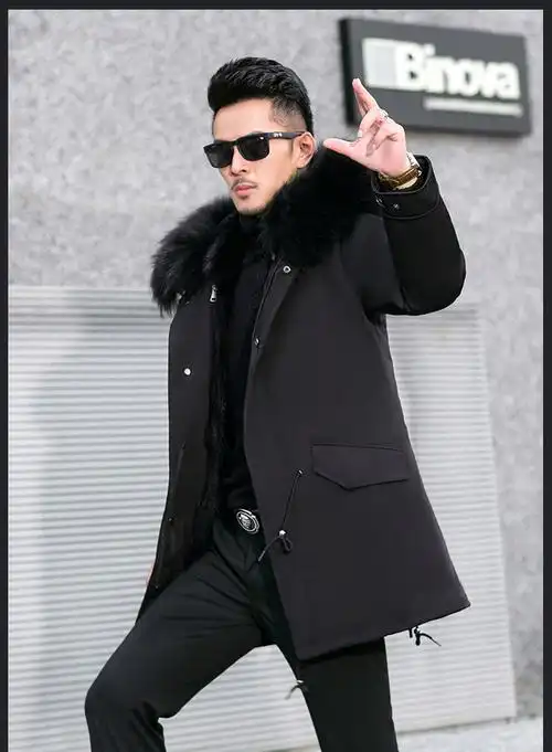 外套水貂狐狸皮大衣男加棉皮风牌服饰黑色中长款m建议体重100斤以内