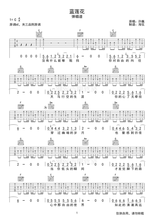 许巍蓝莲花c调原版间奏吉他谱