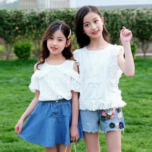 大童蕾丝花两件短裙牛仔花边蕾丝女童姐妹闺蜜套装