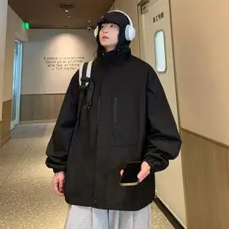 nqsq机能冲锋衣外套男夏季vbe高街夹克潮牌痞帅炸街大码早秋外衣黑色m