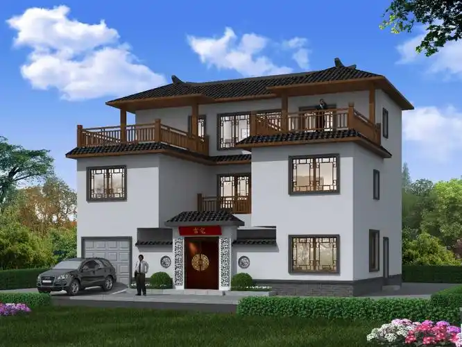 三层中式三合院带大露台农村建房图纸