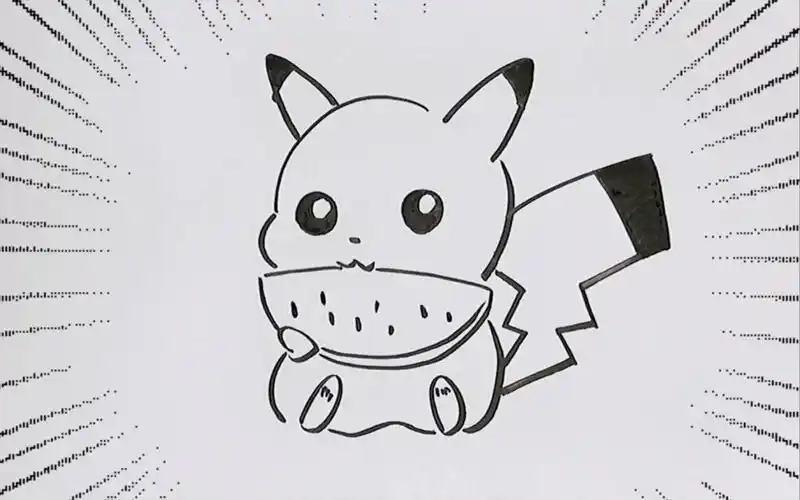 活动  简笔画:q版皮卡丘吃西瓜胖嘟嘟,初学者简单易学