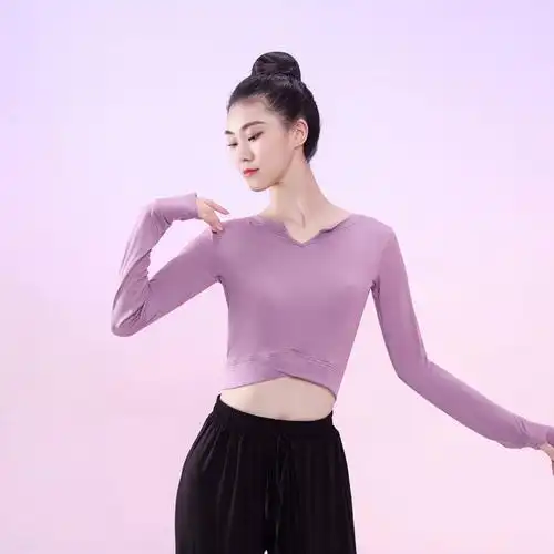 肚皮舞舞蹈服女显瘦长袖指扣上衣现代舞练功服形体训练健身瑜伽服