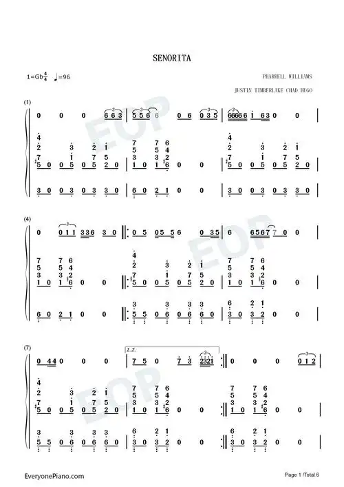 senorita-justin timberlake numbered musical notation preview 1