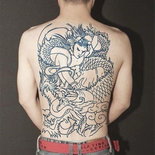 满背大图案线条哪吒挑龙筋刺青色纹身贴男女防水仿真持久贴纸青龙