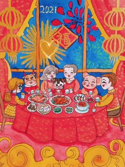 春节年夜饭水彩画 过年插画 新年儿童画_水彩画_插画儿童画,春节教