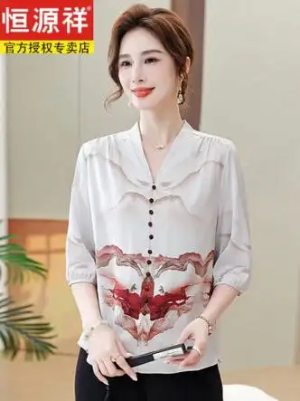 恒源祥桑蚕丝衬衫女设计感真丝衬衣印花宽松减龄中袖上衣枣红色xl