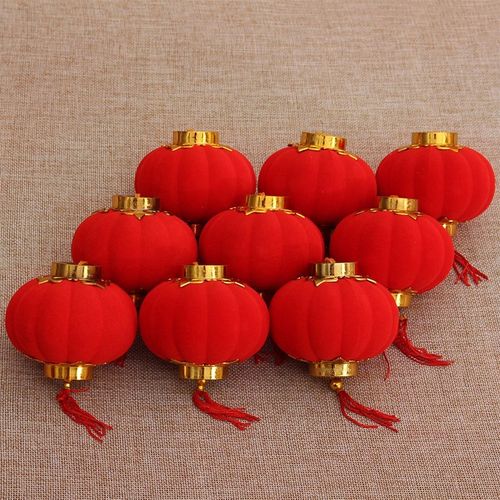 小灯笼挂饰迷你红小节日装饰品盆景婚庆红色植绒灯笼