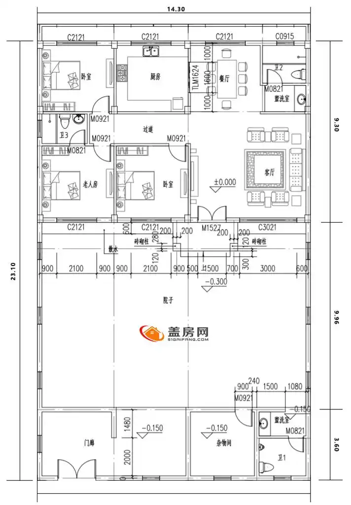 层小院自建房设计图,三室一厅两卫,主体造价10万元 - 一层别墅设计图