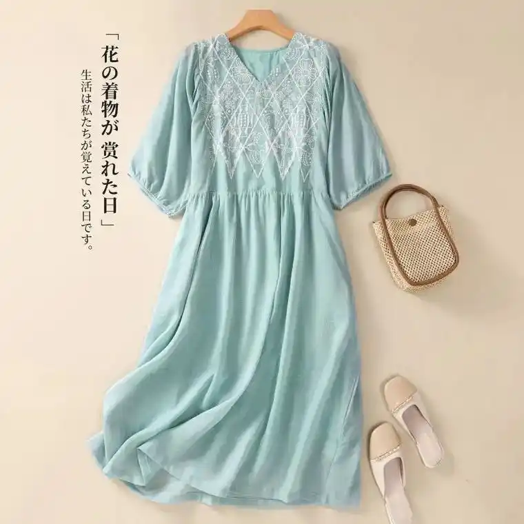 中国风棉麻连衣裙女刺绣宽松高腰文艺短袖.40 或将近40的女 - 抖音