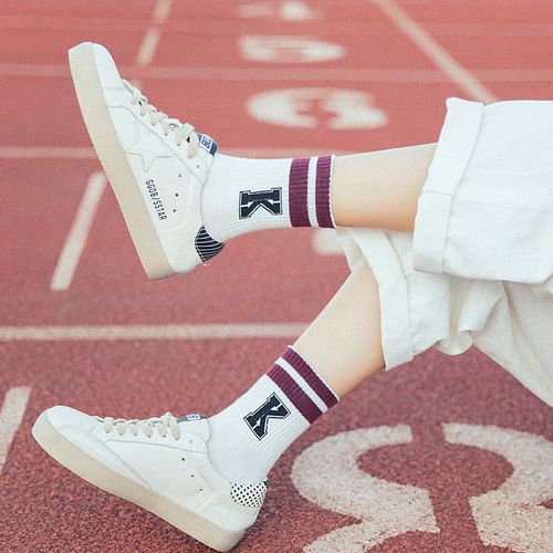 春秋冬季学院风二杠中筒袜女纯色棉袜两杠韩版运动鞋潮袜字母短袜