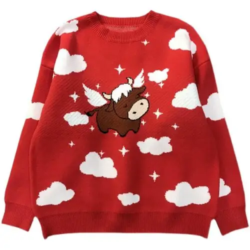 【断码福利价】戚薇同款红色本命年属牛针织衫宽松卡通牛图案毛衣