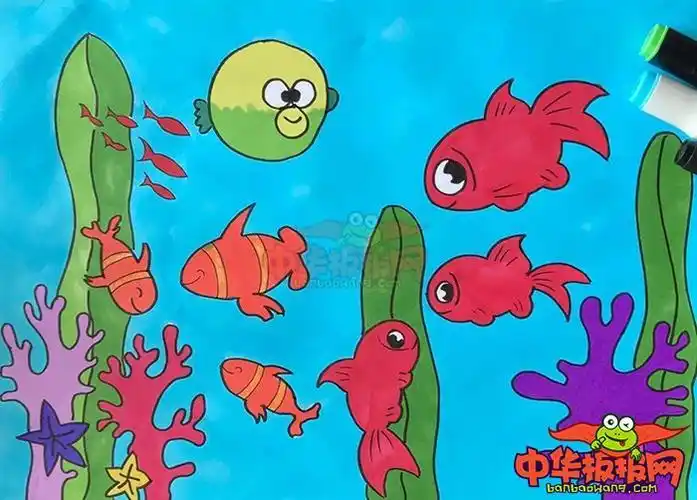 儿童画海底世界带颜色简笔画完整图片