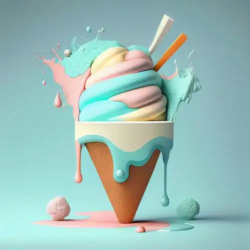 蓝绿色背景上的冰淇淋与华夫饼蛋卷混合