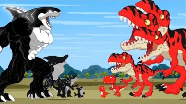 超级黑色鲨鱼哥斯拉大战三头霸王龙!#动漫 #卡通动画 #恐龙