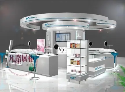 商场圆形吊顶中岛化妆品展亭设计制作效果图