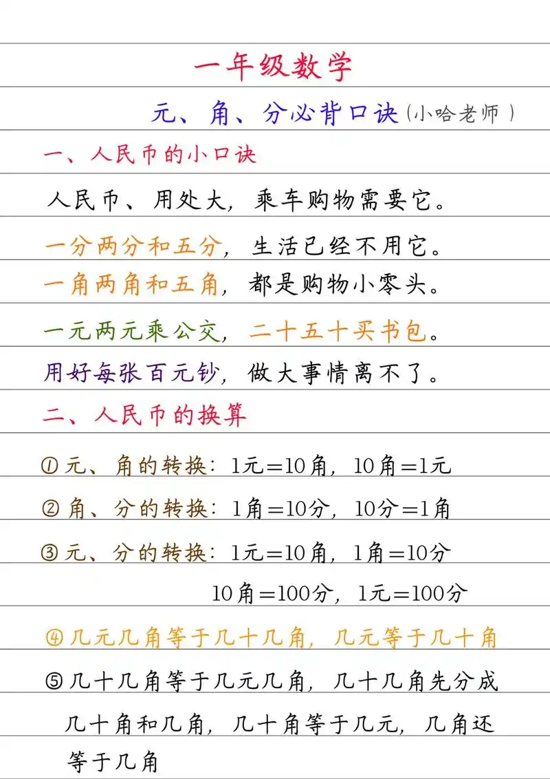 一年级下册数学《认识人民币》元角分必背口诀#家长收藏孩子受益