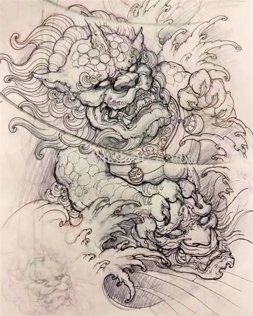 唐狮纹身图案 狮子纹身手稿 纹身素材 纹身图案 纹身手稿买家秀,传统
