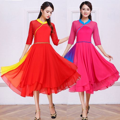 广场舞演出服装女春夏中袖跳舞大摆长裙中老年大码时尚舞蹈连衣裙