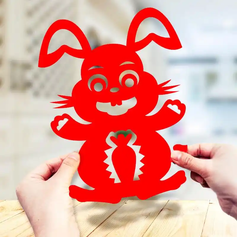 新年卡通兔子剪纸窗花,对称剪法,附线稿图 春节民俗,儿童剪纸,超简单