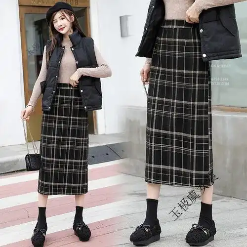 半身裙女秋冬季裙子中长款格子半身裙女包臀裙韩版宽松秋冬复古高腰