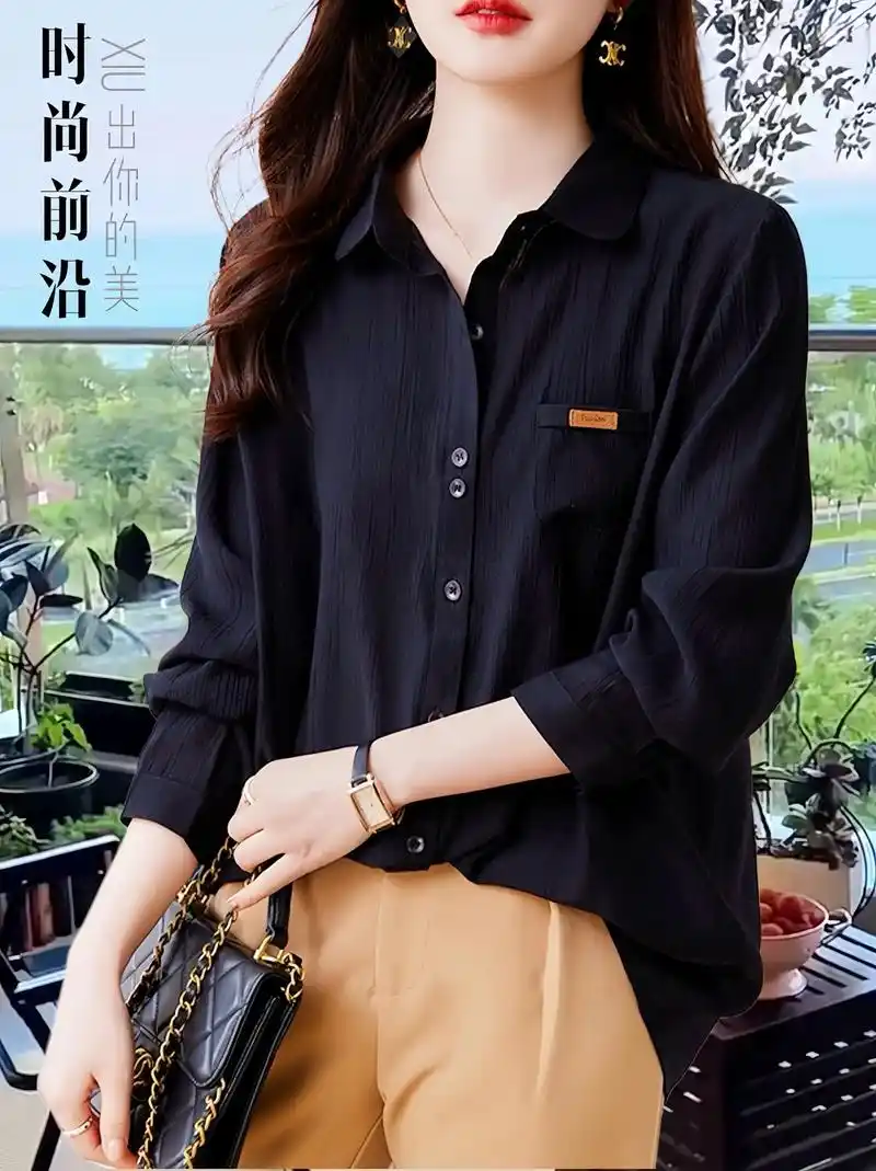 952024春季新款,黑色衬衫女长袖宽松设计小众翻领休闲时尚 - 抖音