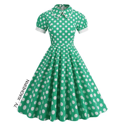 泡泡袖波点连衣裙复古赫本风甜美中长大摆气质显瘦派对年代感裙子