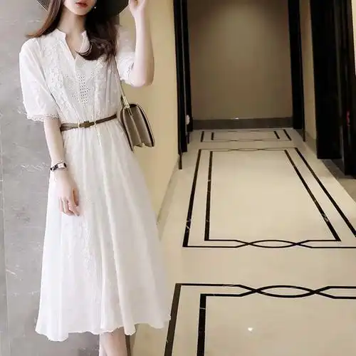 长款初恋白色蕾丝连衣裙女装仙女超仙裙2022夏季收腰镂空法式法式